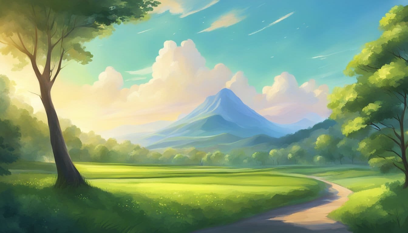 A serene landscape with a bright sky and flourishing greenery, conveying a sense of hope and trust in the future