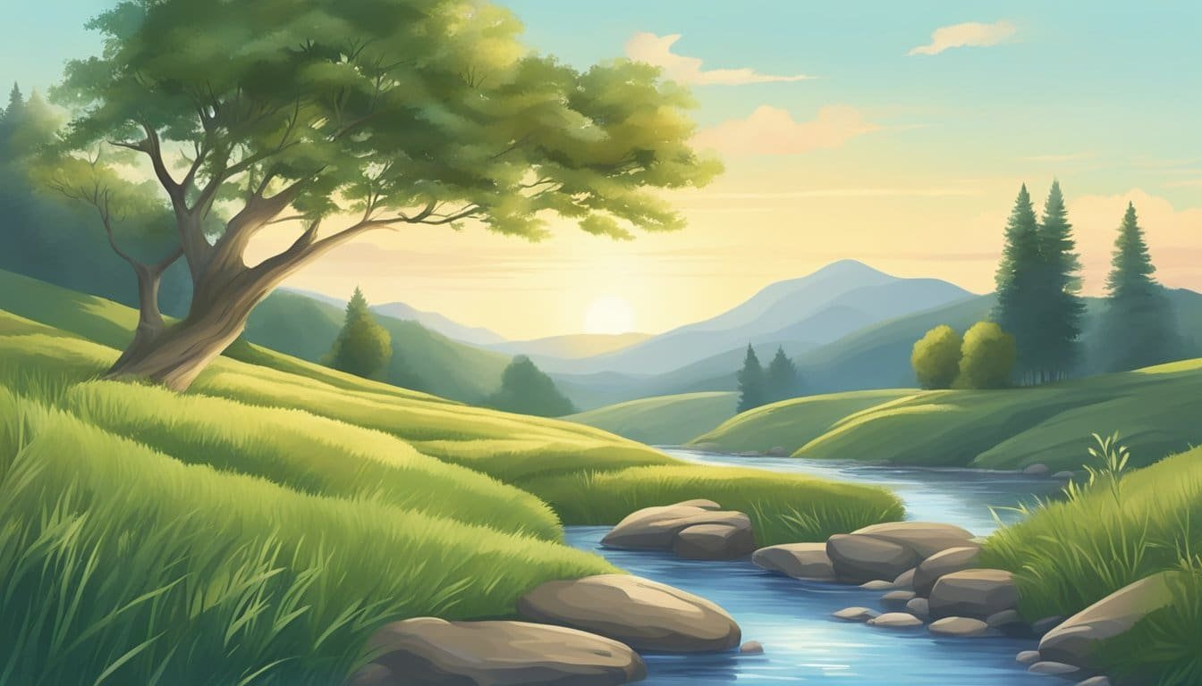 A serene landscape with a clear blue sky, gentle rolling hills, and a peaceful stream flowing through the scene, evoking a sense of tranquility and divine presence