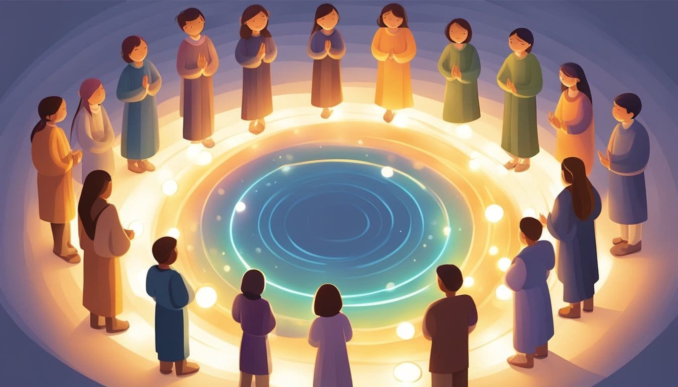 A circle of glowing light surrounds 10 floating prayers, each radiating warmth and love towards unseen recipients