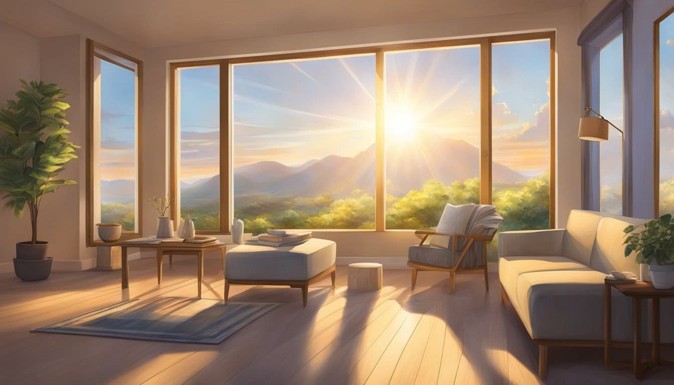 A radiant light shines down from above, enveloping the scene in a warm and peaceful glow. A sense of hope and joy emanates from the surroundings, creating a serene and uplifting atmosphere