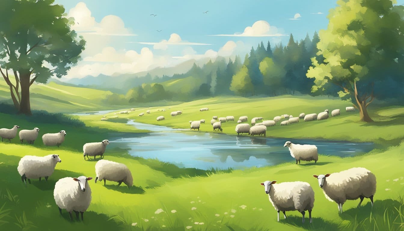 A serene meadow with a calm stream, surrounded by lush greenery and a peaceful flock of sheep, under a clear blue sky