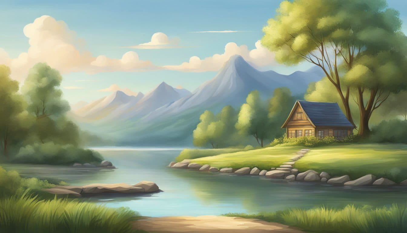 A serene landscape with a calm, inviting atmosphere. A peaceful setting with a sense of relief and comfort, representing the rest and blessing mentioned in the quote
