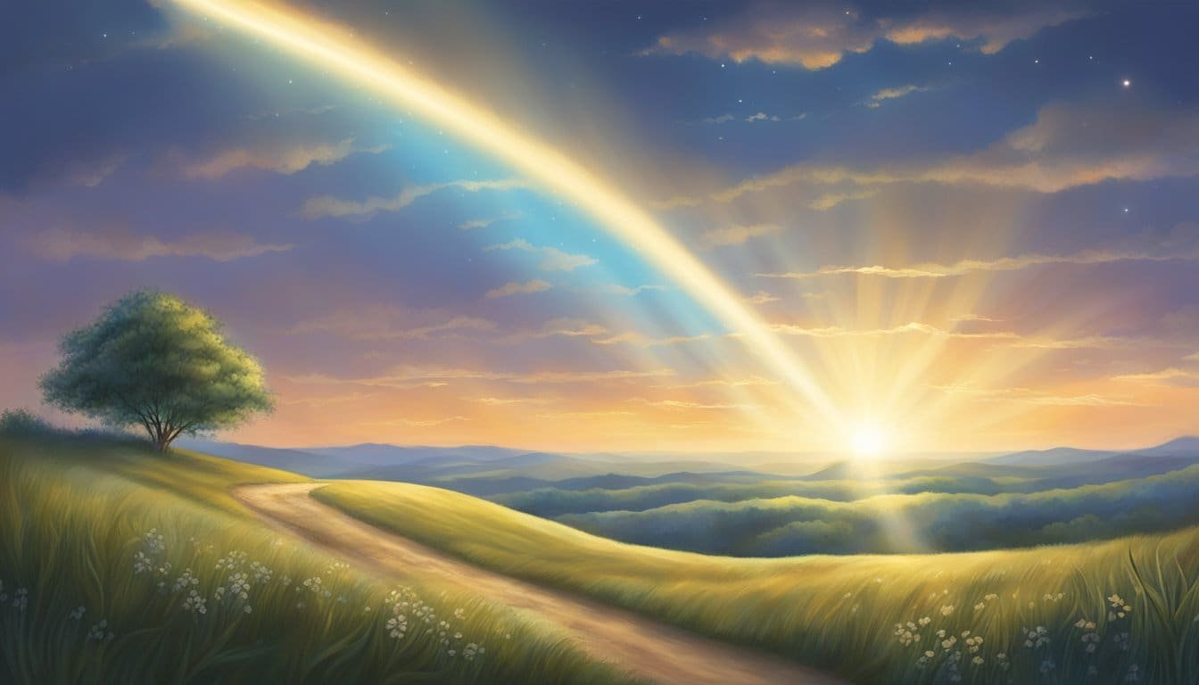 A beam of light shines down from the heavens, illuminating a peaceful landscape. The words "For I know the plans I have for you," are written in the sky