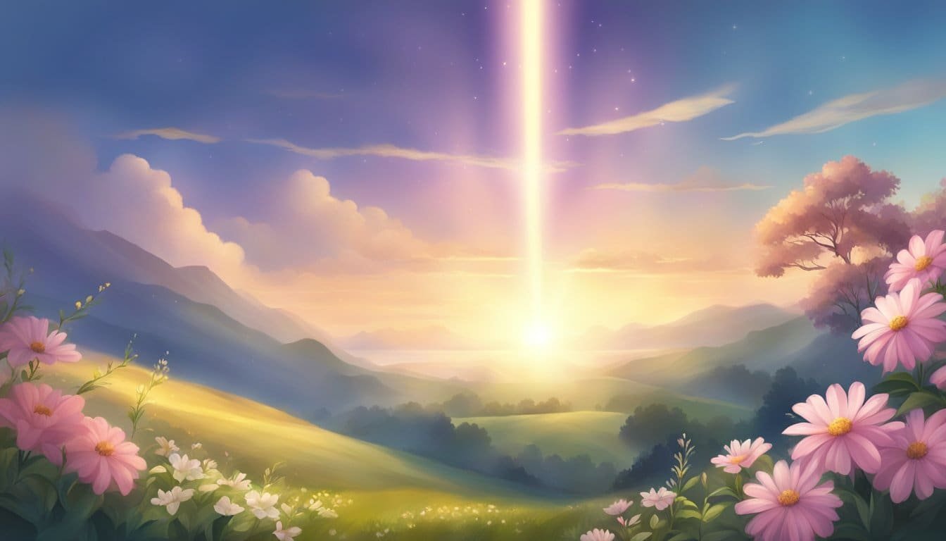 A radiant beam of light shines down from the heavens, illuminating a peaceful landscape with a gentle breeze and blooming flowers