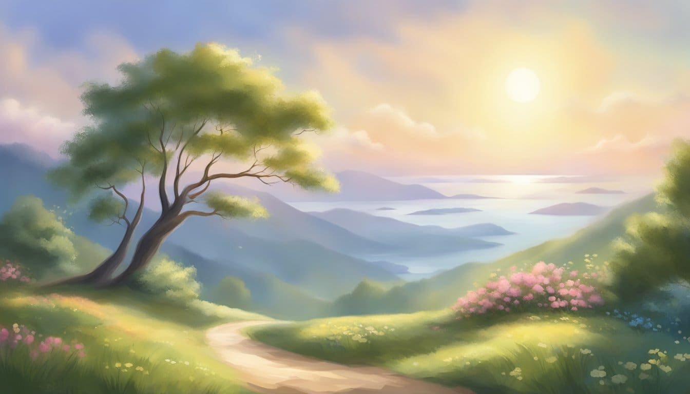 A serene, tranquil setting with a gentle breeze and soft sunlight, symbolizing peace and blessings