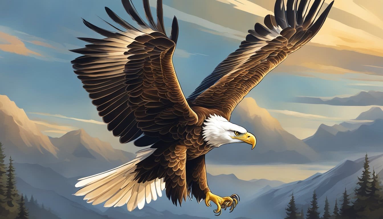 A majestic eagle soars high in the sky, its wings outstretched and eyes focused ahead, symbolizing strength and hope