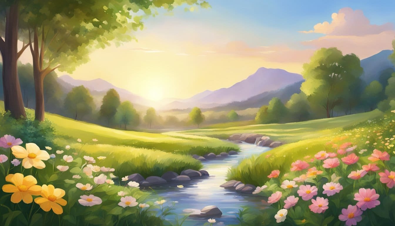 A peaceful meadow with a gentle stream, surrounded by lush greenery and vibrant flowers. The sun shines down, casting a warm and comforting light over the serene landscape