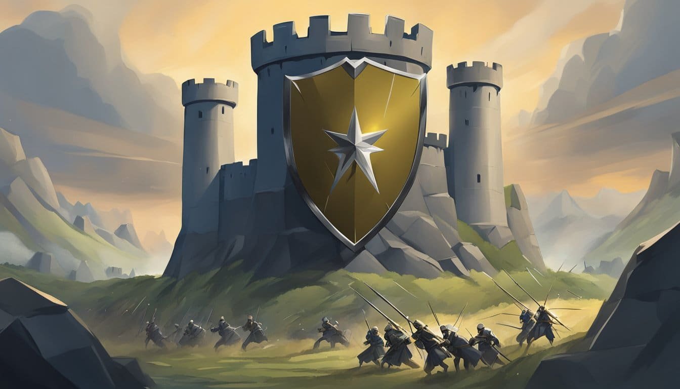 A shield deflects arrows, a sword shatters, and a fortress stands strong against the onslaught of enemy forces