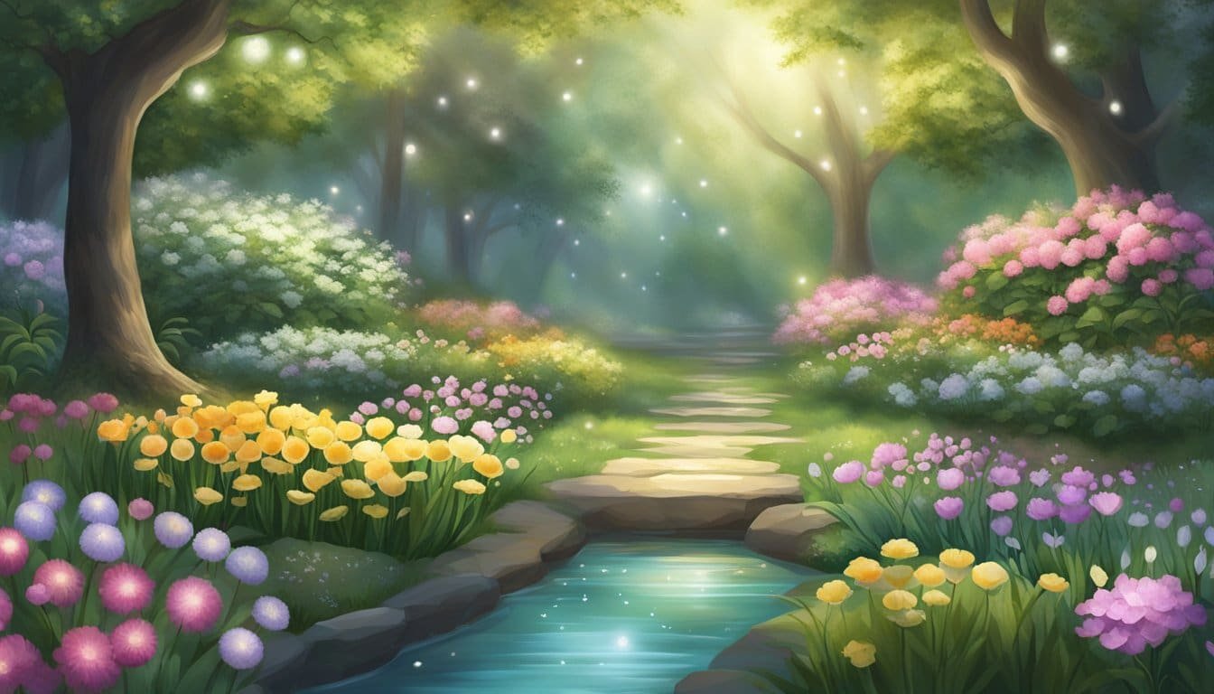 A serene garden with 10 glowing orbs of light, each representing a prayer for strength and support, floating peacefully among the blooming flowers and lush greenery