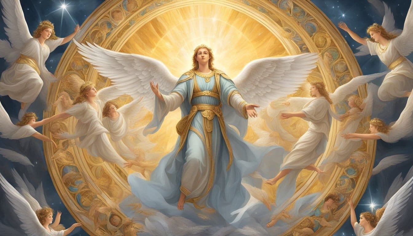 A figure stands with outstretched arms, surrounded by a circle of radiant angels, their wings outstretched in protection