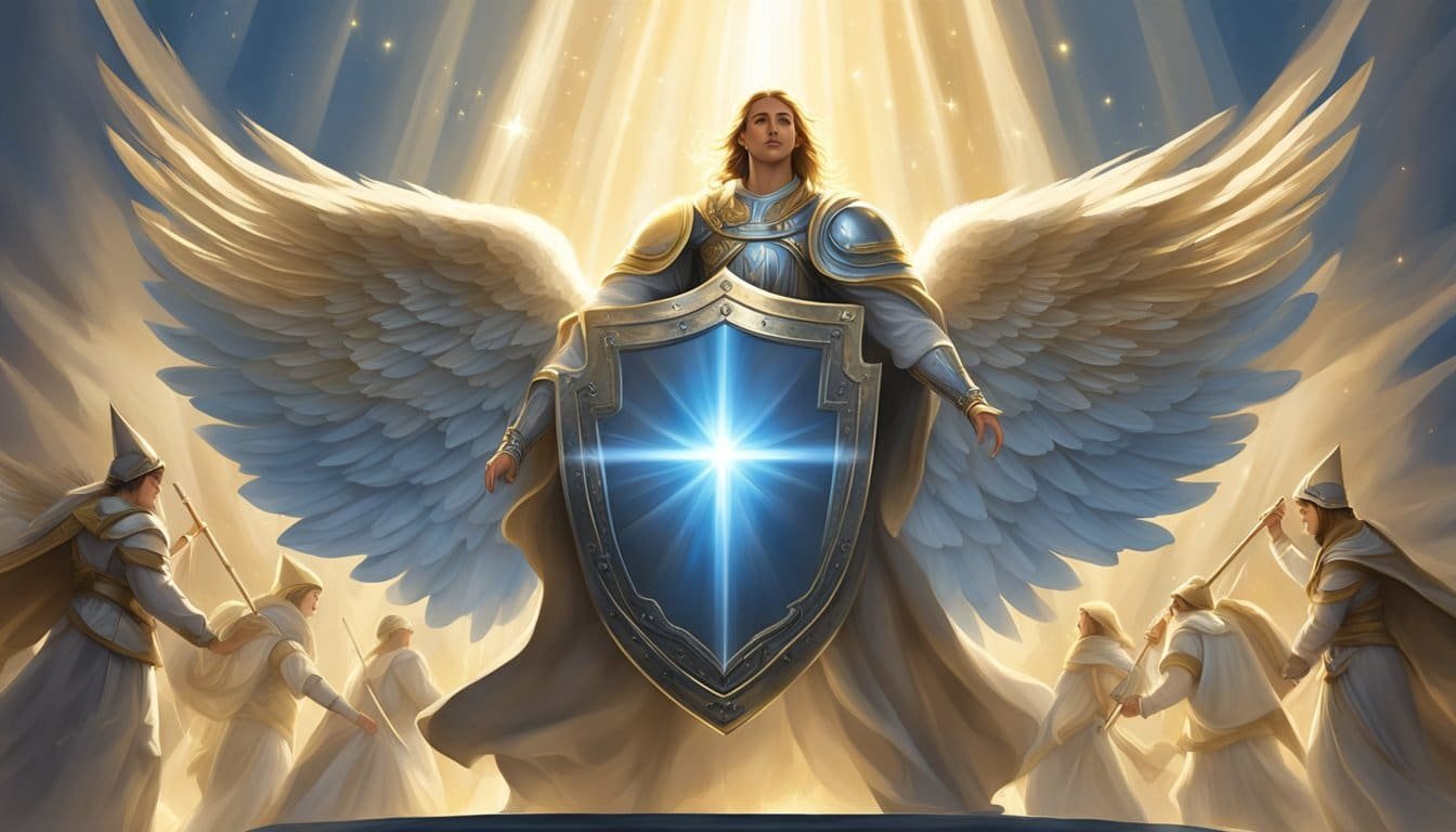 A beam of light shines down on a shield surrounded by angelic figures, symbolizing protection and strength from above