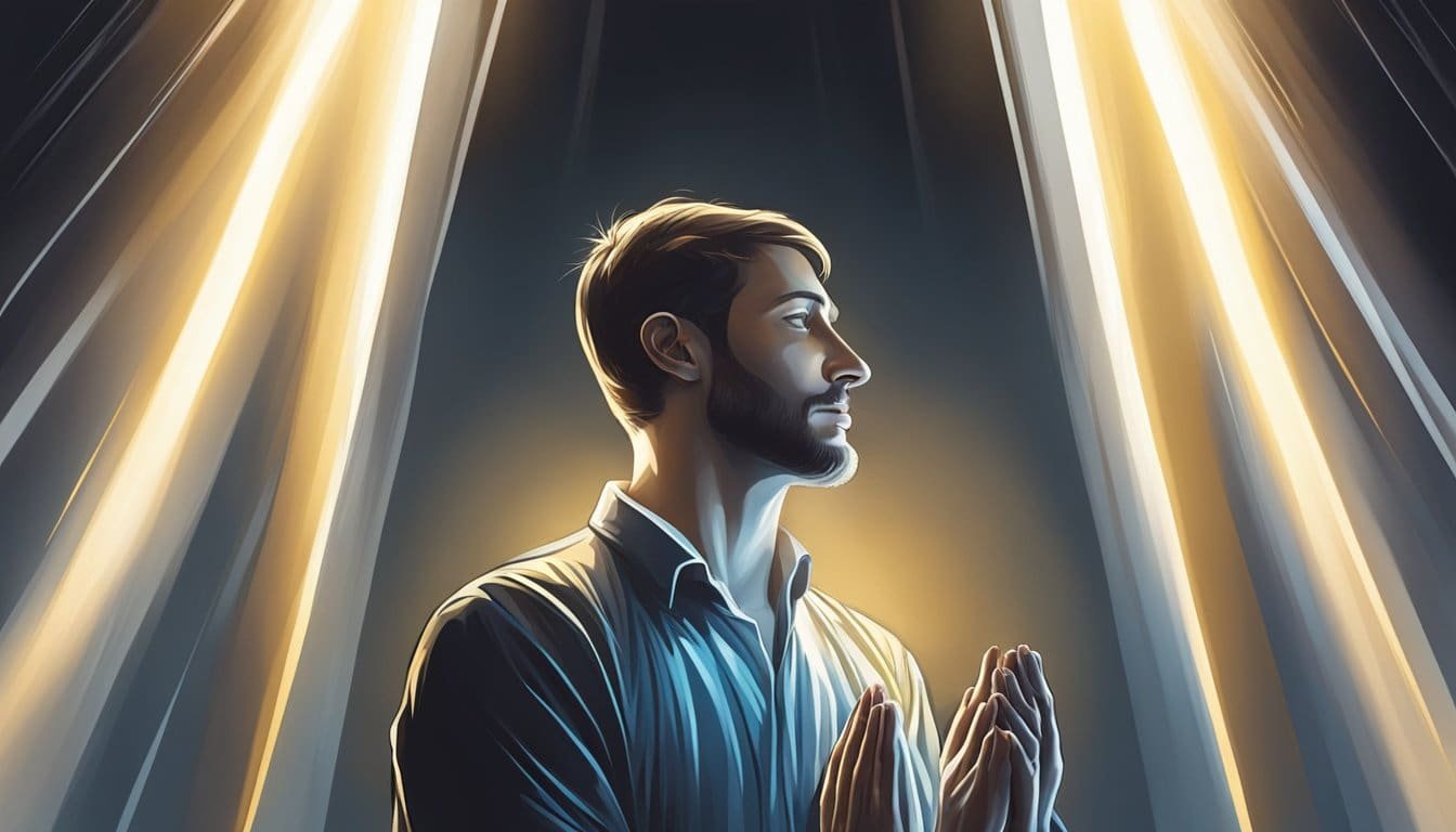 A figure stands in a beam of light, surrounded by darkness. The figure looks upwards, hands clasped in prayer, finding strength and trust in the divine