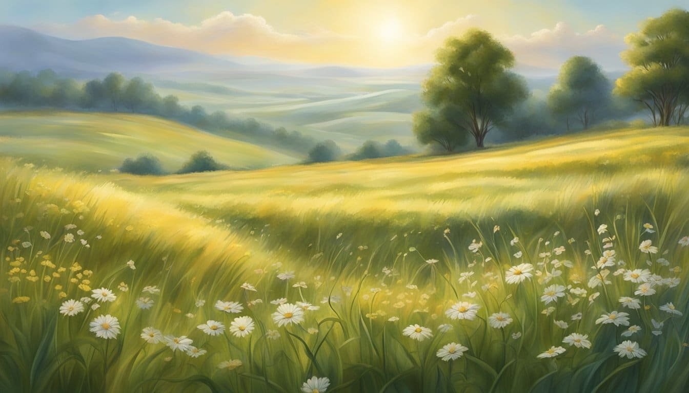 A comforting scene of a peaceful, sunlit meadow with a gentle breeze, symbolizing the presence and support of the Lord for the brokenhearted
