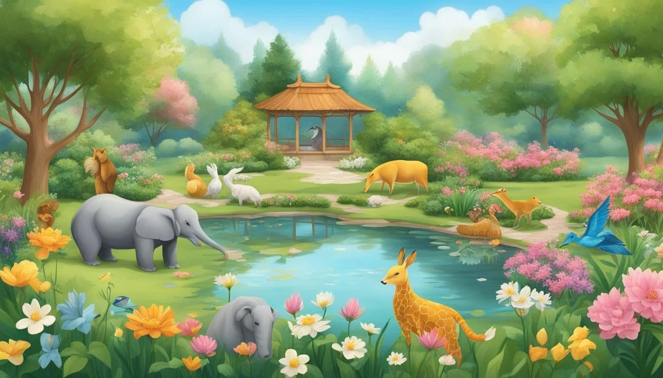 A serene garden with blooming flowers and a peaceful pond, surrounded by a family of diverse animals, each expressing contentment and harmony