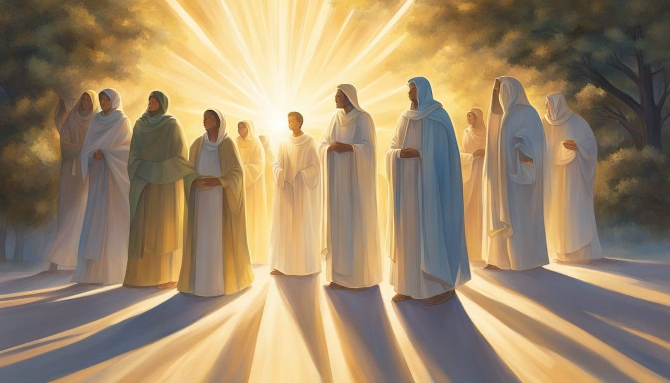 A radiant light shines down, enveloping a group of figures in a warm, protective glow. The air is filled with a sense of peace and safety, as if they are shielded by an invisible force