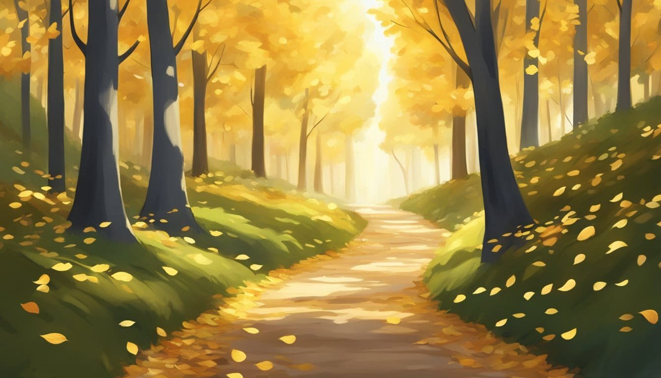 A serene forest path, bathed in golden sunlight, with a gentle breeze guiding fallen leaves in a dance, symbolizing protection and guidance