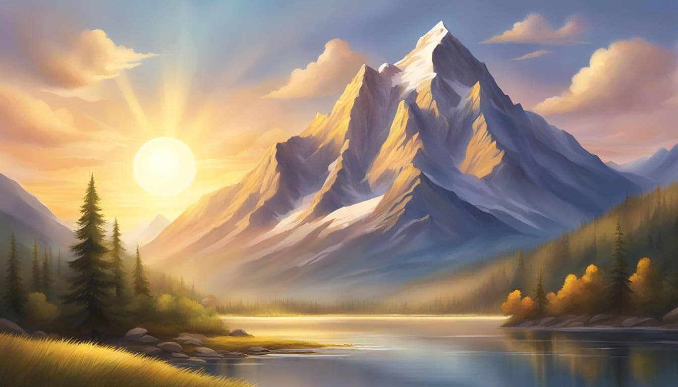 A majestic mountain stands tall and strong, surrounded by a calm and peaceful landscape. The sun shines brightly, casting a warm and comforting light over the scene
