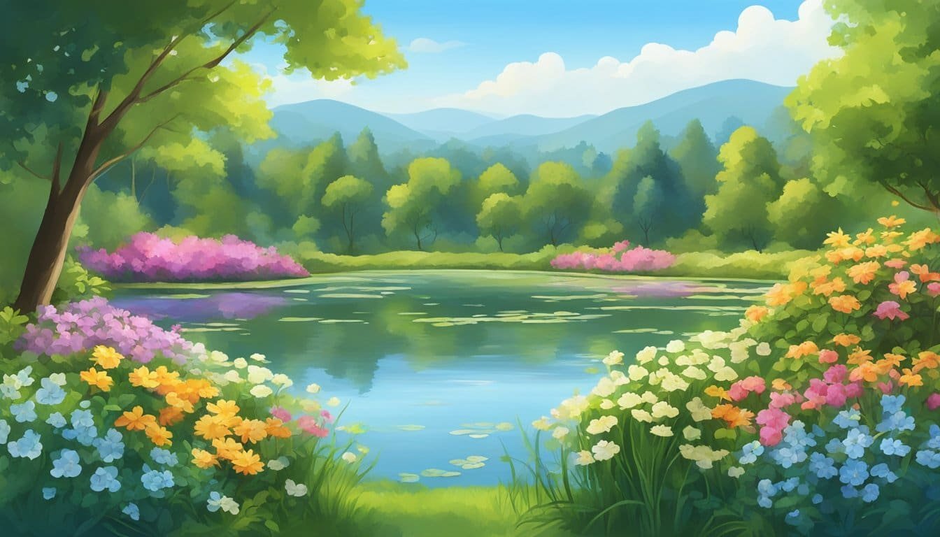 A peaceful, serene landscape with a tranquil pond, surrounded by lush greenery and colorful flowers, under a clear blue sky