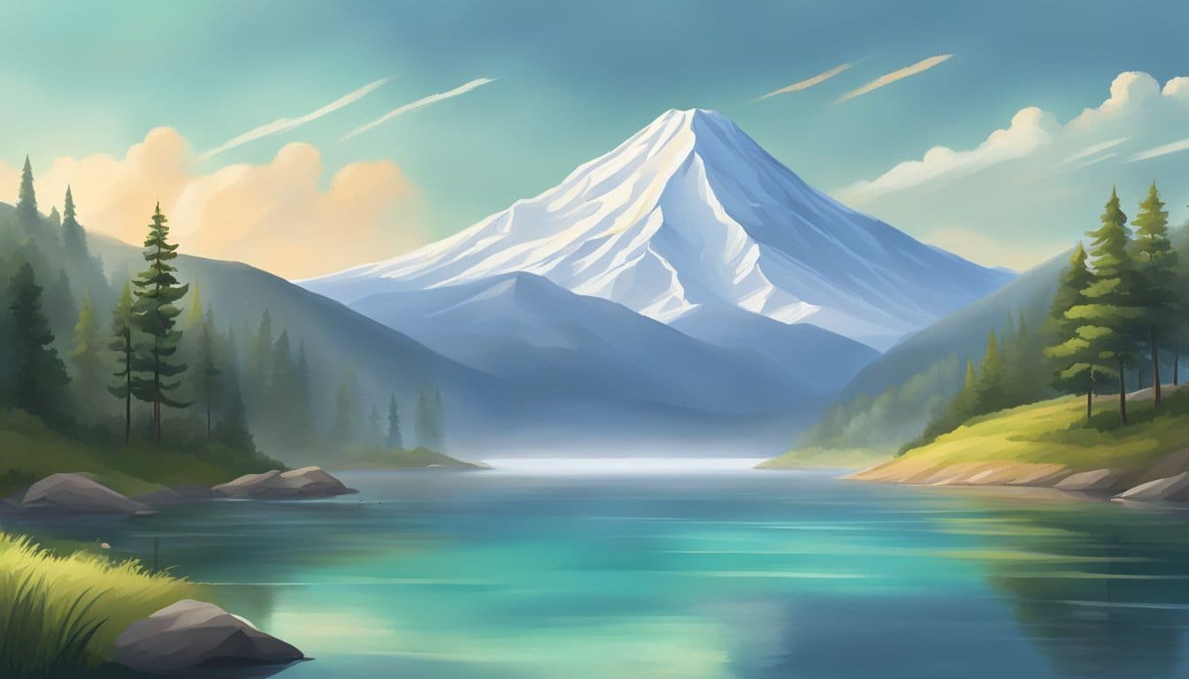 A serene landscape with a sturdy, protective mountain in the background, surrounded by calm waters and a sense of peace and strength emanating from the scene