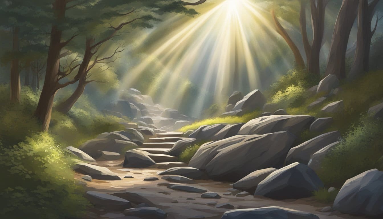 A beam of light shining down onto a rocky path, with a sense of strength and support emanating from the surrounding landscape