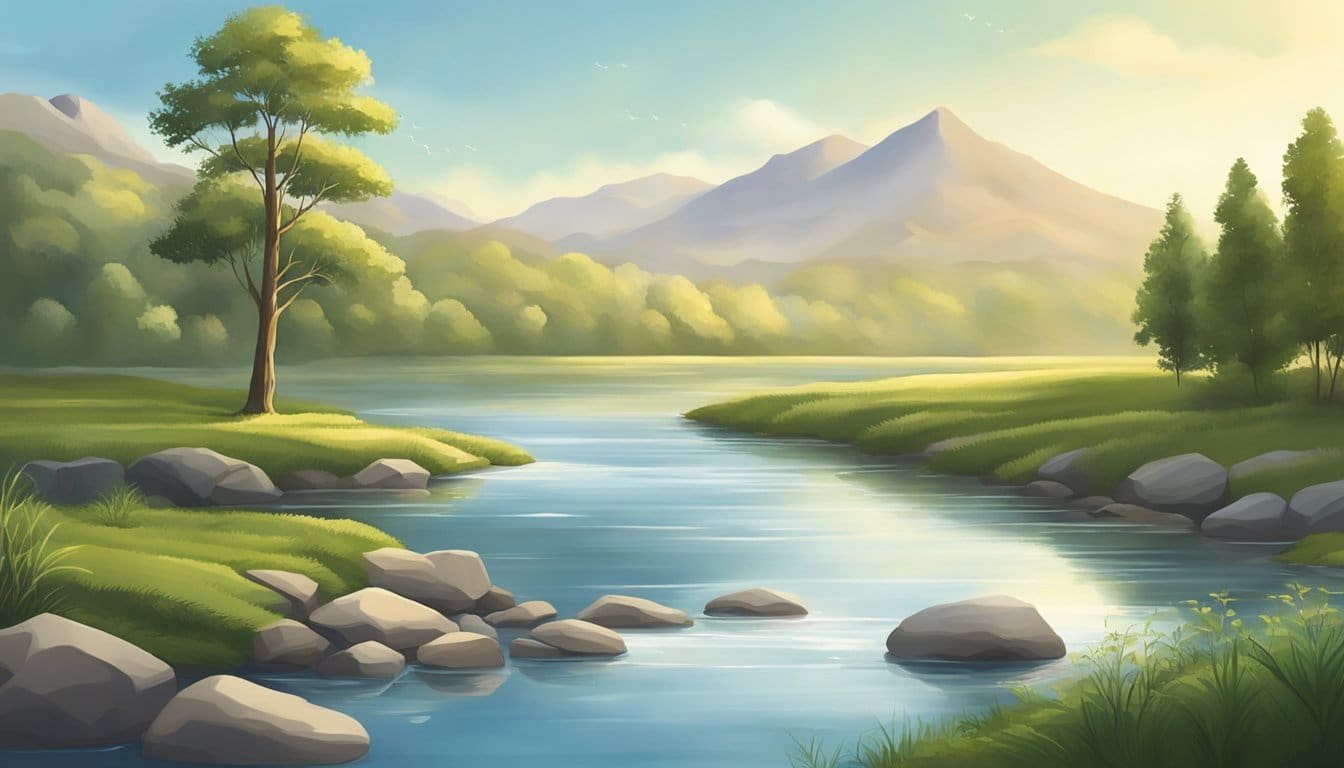 A serene landscape with a calm, flowing river and a clear sky, symbolizing strength and support from the divine