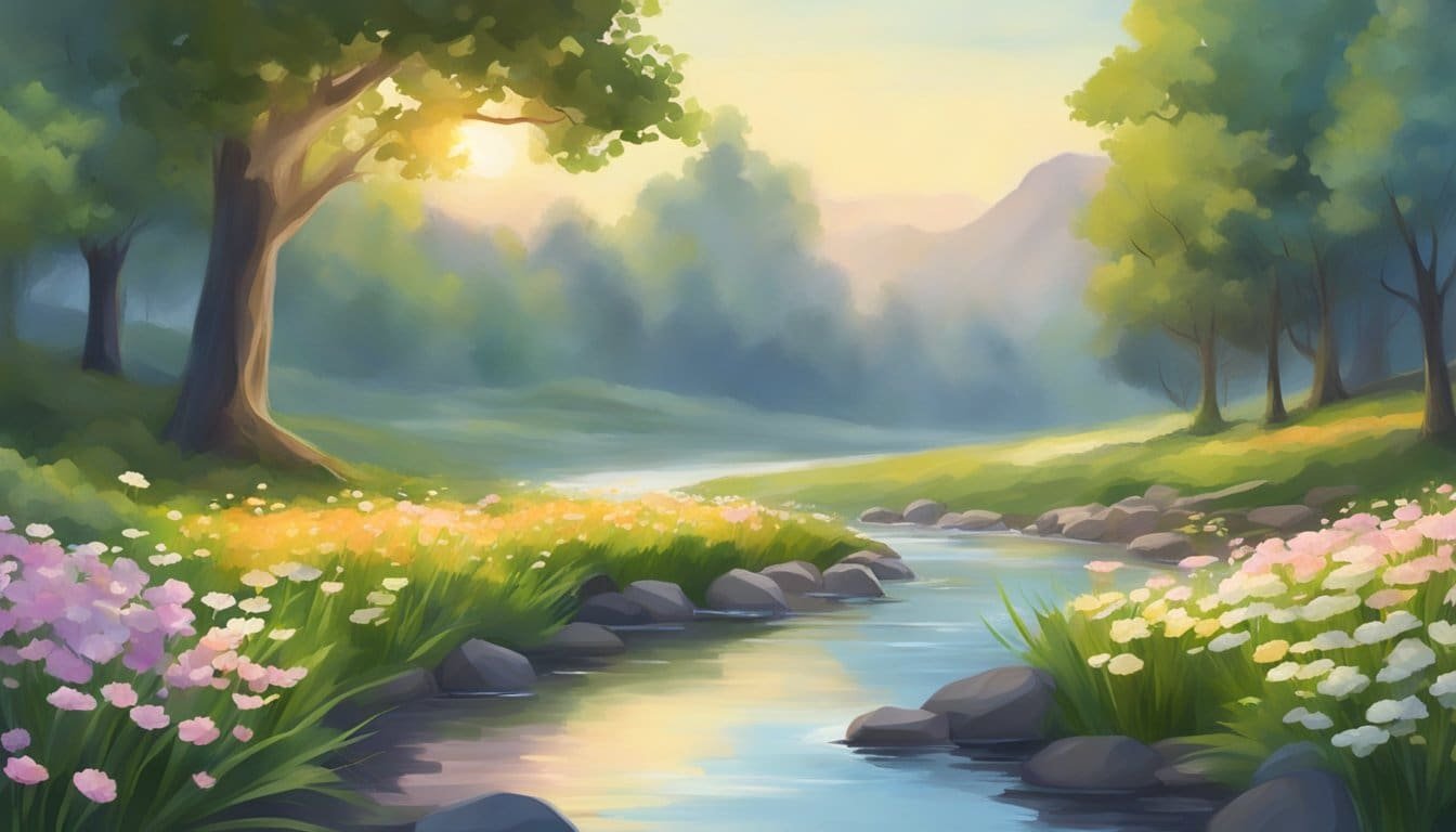 A serene landscape with a calm stream, blooming flowers, and gentle sunlight, representing peace and happiness