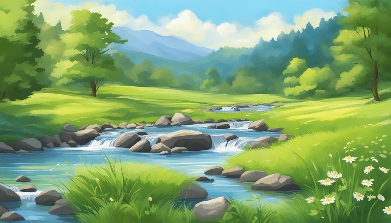 A serene meadow with a flowing stream, surrounded by lush greenery and a clear blue sky, evoking a sense of peace and contentment