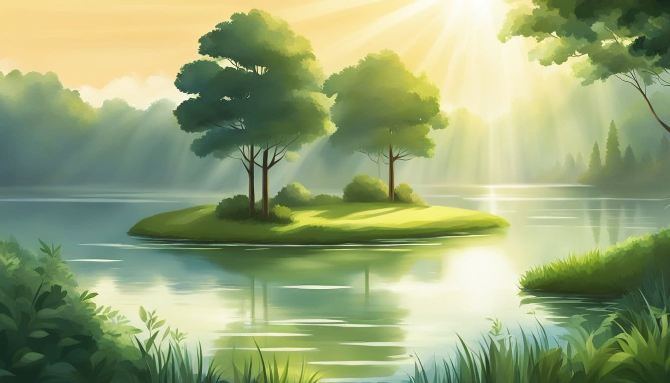 A serene landscape with a tranquil lake surrounded by lush greenery, with rays of sunlight breaking through the clouds, conveying a sense of peace and tranquility