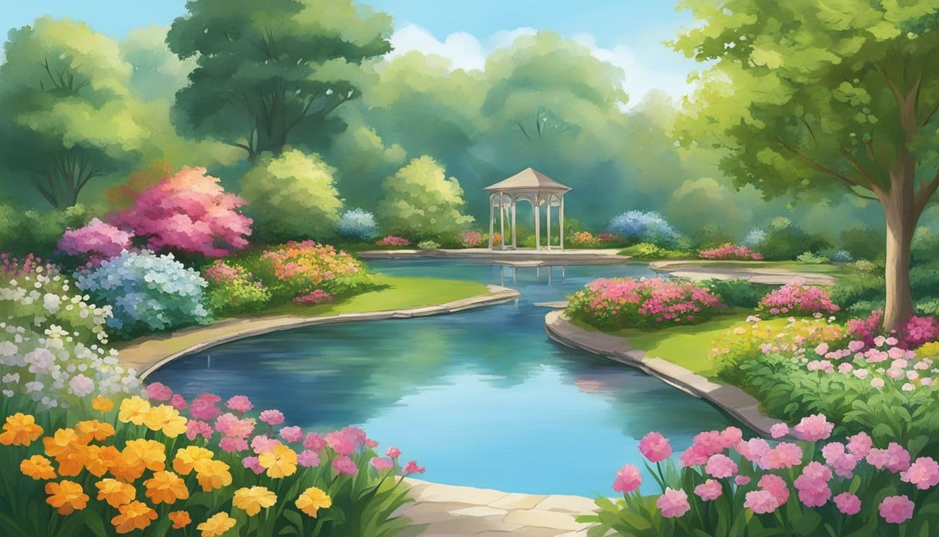 A serene garden with colorful flowers and a peaceful pond, surrounded by lush greenery and a clear blue sky, evoking a sense of joy and tranquility