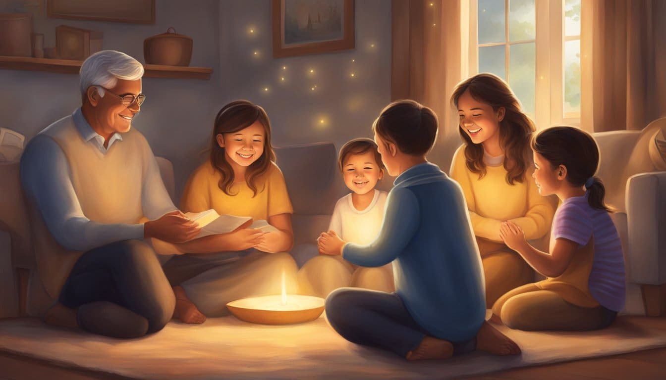 A radiant light shines down, casting a warm glow over a peaceful family scene. Smiles and laughter fill the air as they gather together, finding strength and joy in their prayers for peace and happiness