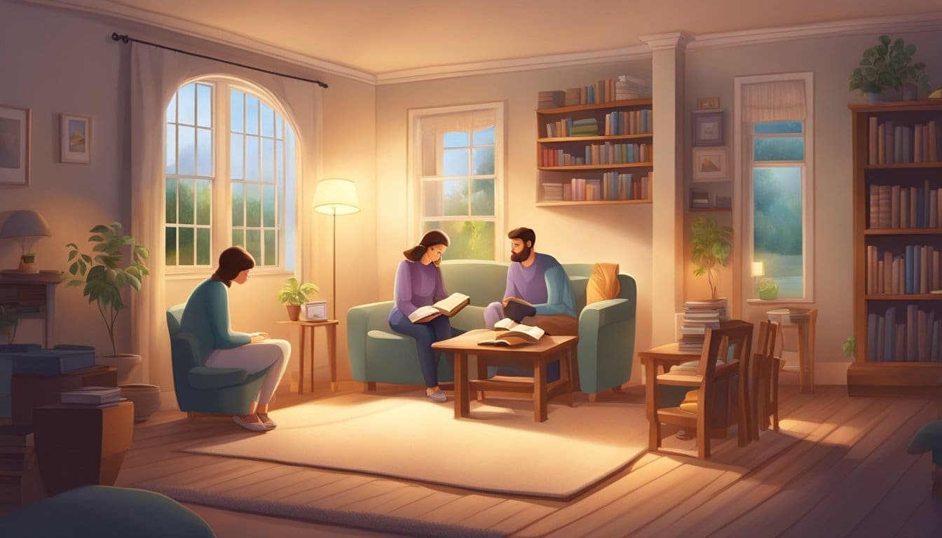 A peaceful home with a glowing light and open Bible, surrounded by a loving family