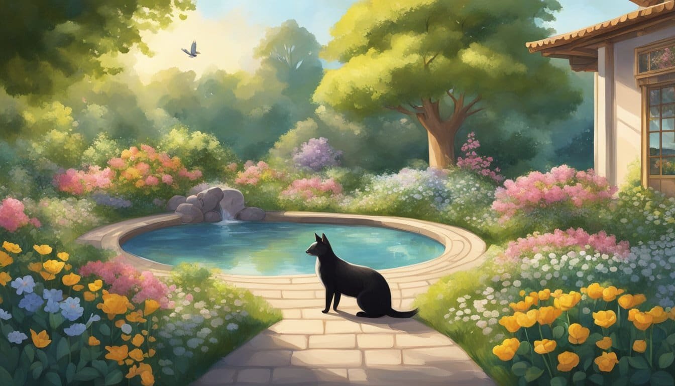 A serene, sunlit garden with blooming flowers and peaceful animals, emanating love and harmony