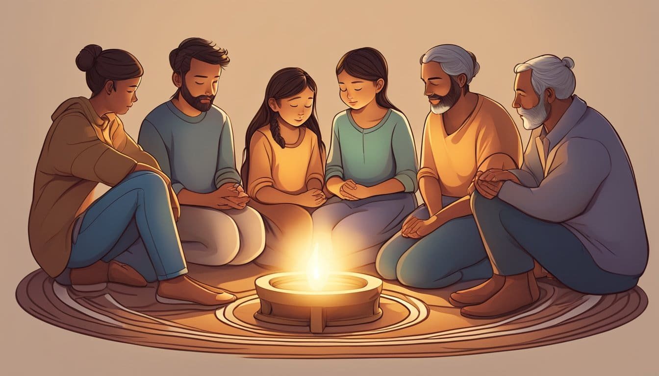 A family of five sits in a circle, holding hands, surrounded by a warm glow. They bow their heads in prayer, their faces filled with love and unity