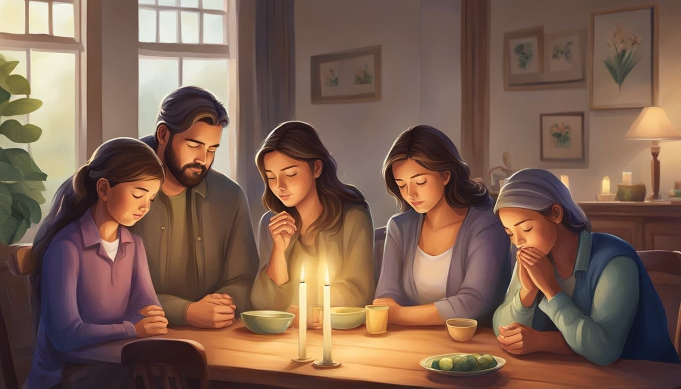 A family gathers around a table, heads bowed in prayer, with a warm and peaceful atmosphere