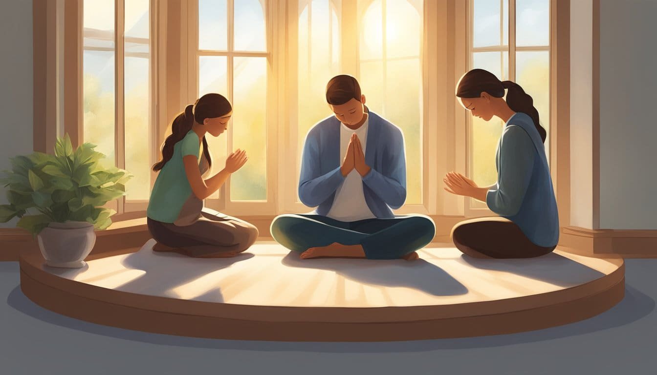 A family sits in a circle, heads bowed in prayer. Sunlight streams through a window, casting a warm glow on their peaceful faces