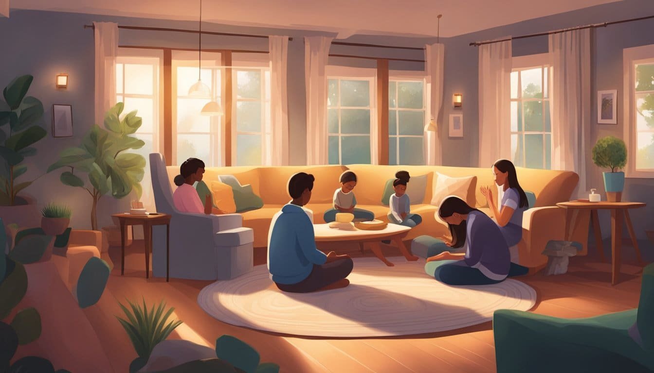 A cozy living room with soft lighting, a family gathered in a circle, heads bowed in prayer, and a sense of unity and peace in the air