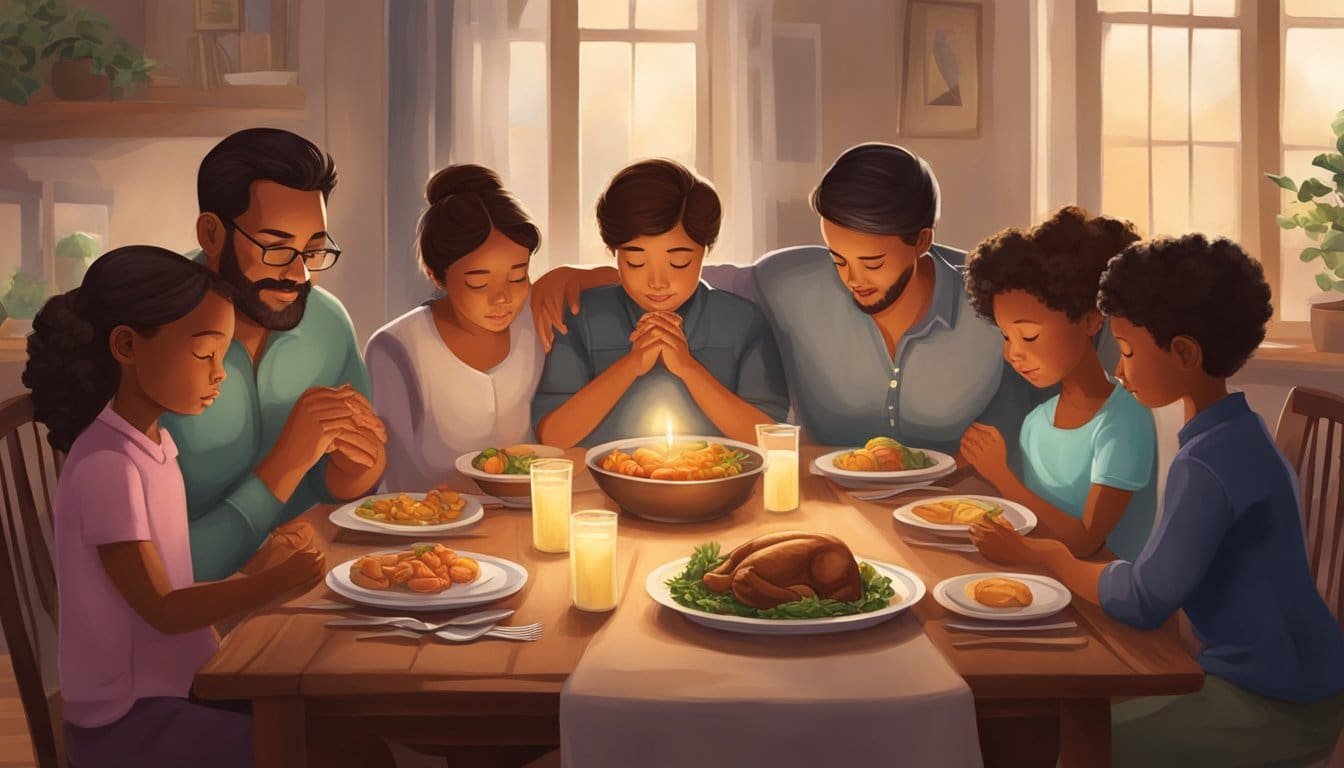 A family gathers around the dinner table, heads bowed in prayer, expressing gratitude and unity. The atmosphere is warm and inviting, with a sense of togetherness and love