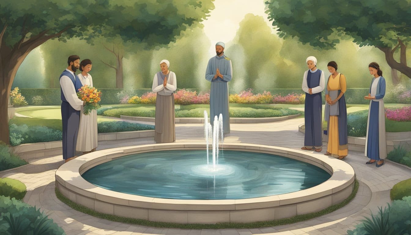 A tranquil garden with a central fountain surrounded by family members holding hands in a circle, their heads bowed in prayer