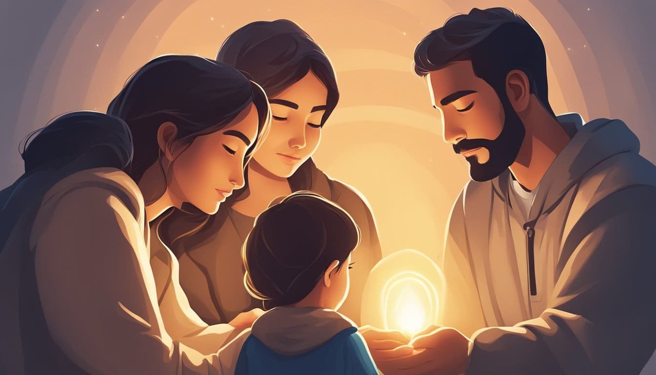 A family huddled together, surrounded by a warm, glowing light, with their heads bowed in prayer for unity and protection