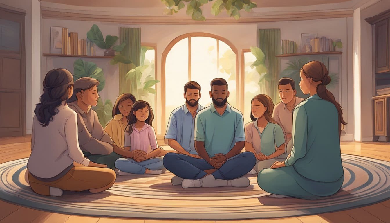 A family sitting in a circle, holding hands and bowing their heads in prayer. A sense of peace and unity fills the room as they seek understanding and strength together