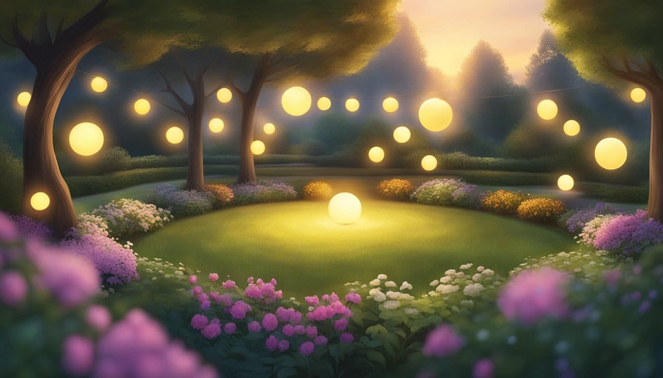A circle of glowing orbs encircling a peaceful garden, radiating warmth and unity