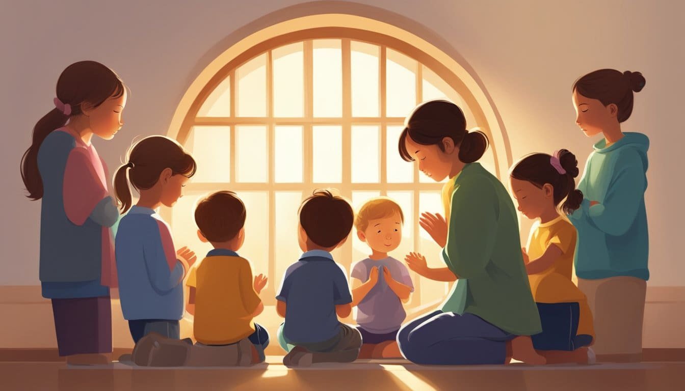 Children and grandchildren gather in a circle, heads bowed in prayer. Sunlight streams through a window, casting warm, comforting light on the scene