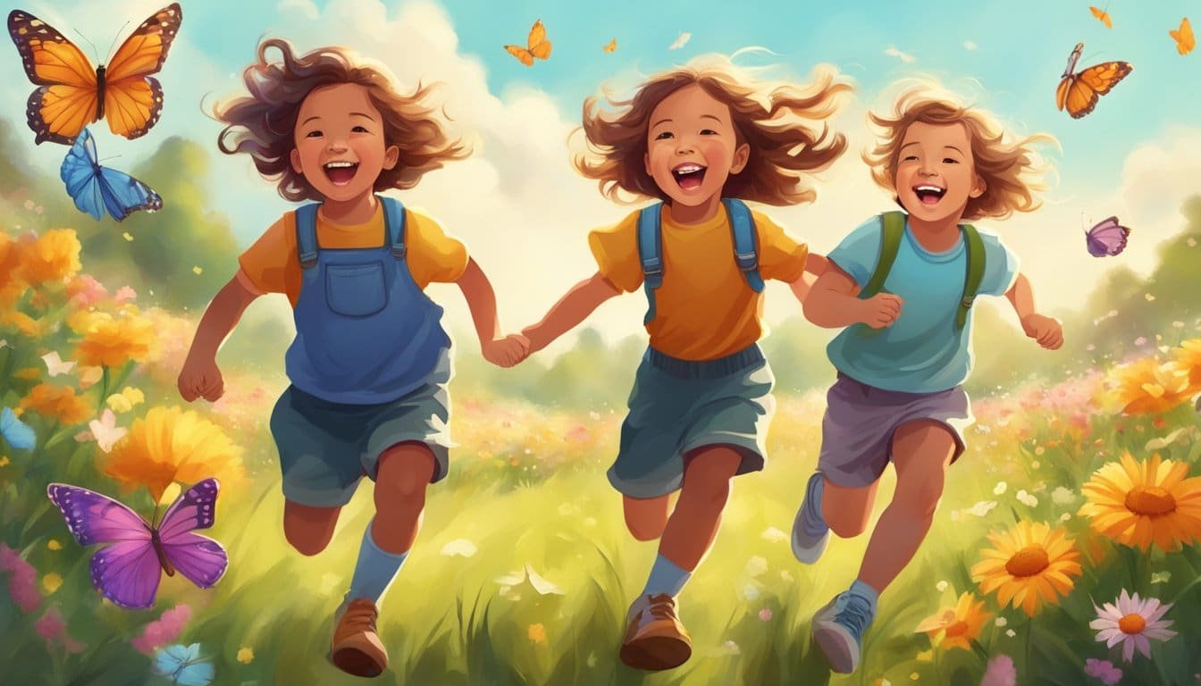 A group of playful children running and laughing in a sunny meadow, surrounded by colorful flowers and butterflies, with a sense of joy and innocence in the air