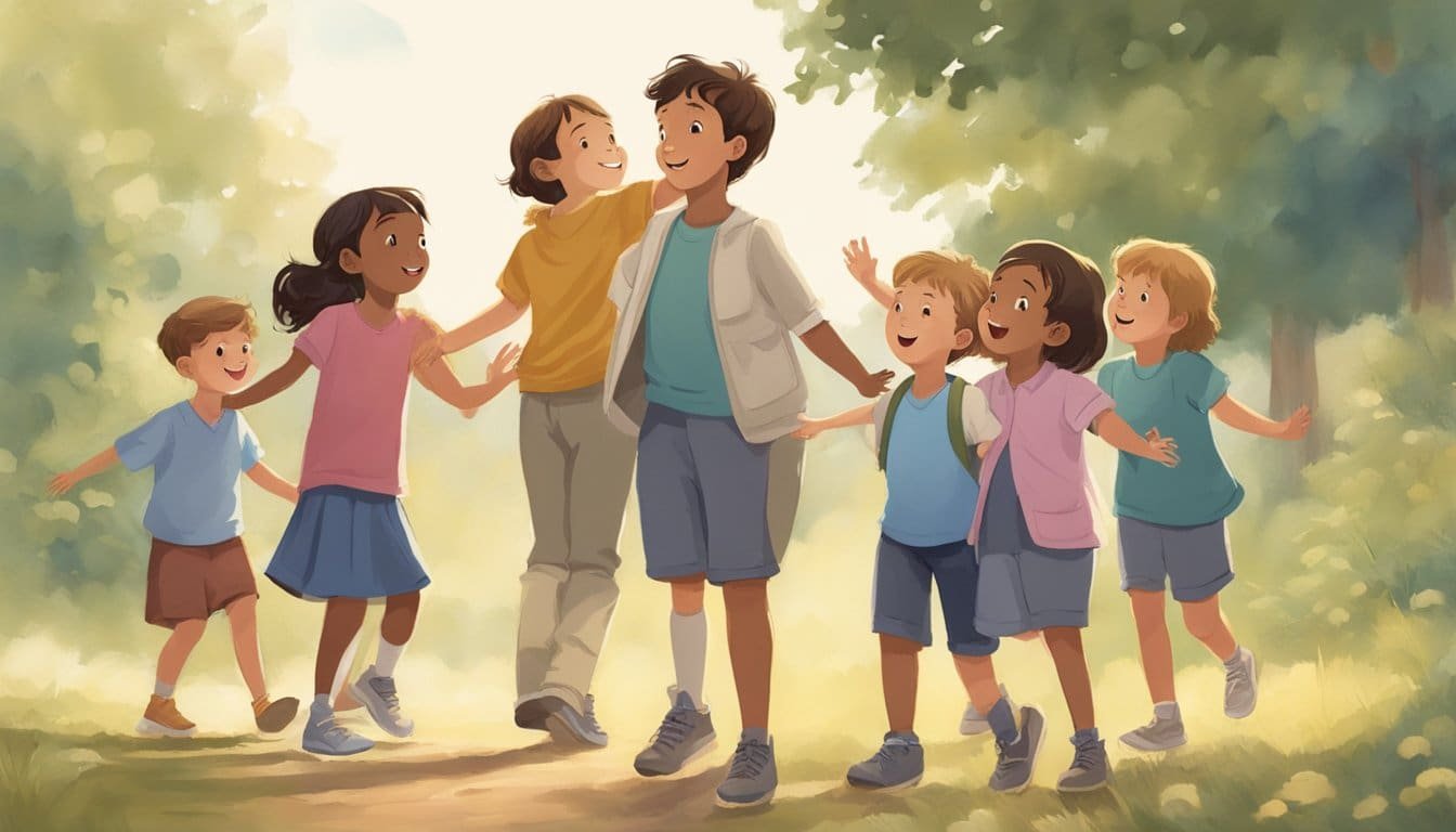 A group of children gather around a kind, welcoming figure with open arms, as if being invited to come closer