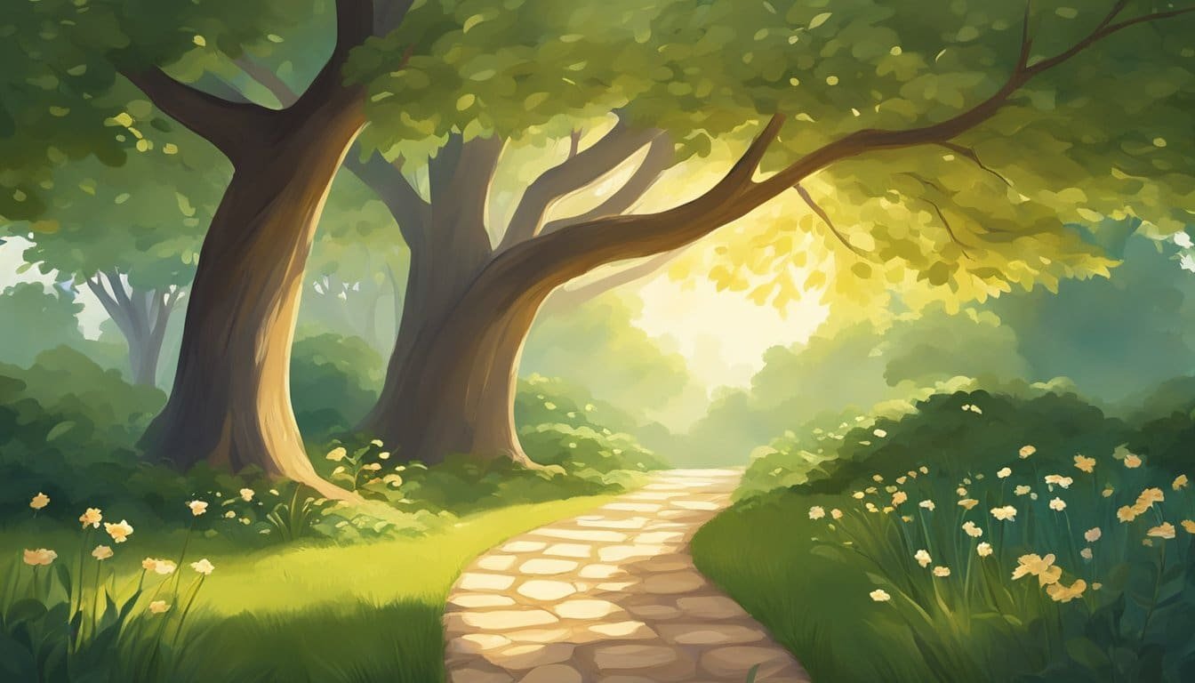 A peaceful garden with a path leading to a bright future. A tree with branches reaching out, symbolizing hope and promise. Sunlight streaming through the leaves, casting a warm and comforting glow