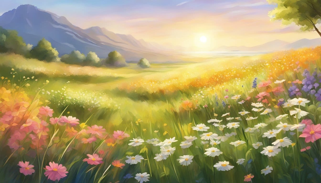 A peaceful, sunlit meadow with a gentle breeze, surrounded by colorful flowers and tall grass. A sense of warmth and protection emanates from the scene
