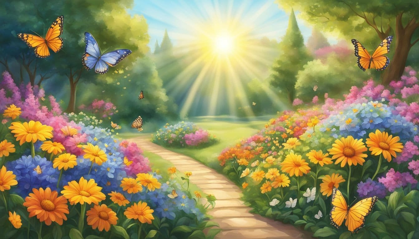A radiant sun shining down on a peaceful garden filled with colorful flowers and butterflies, evoking a sense of joy and strength