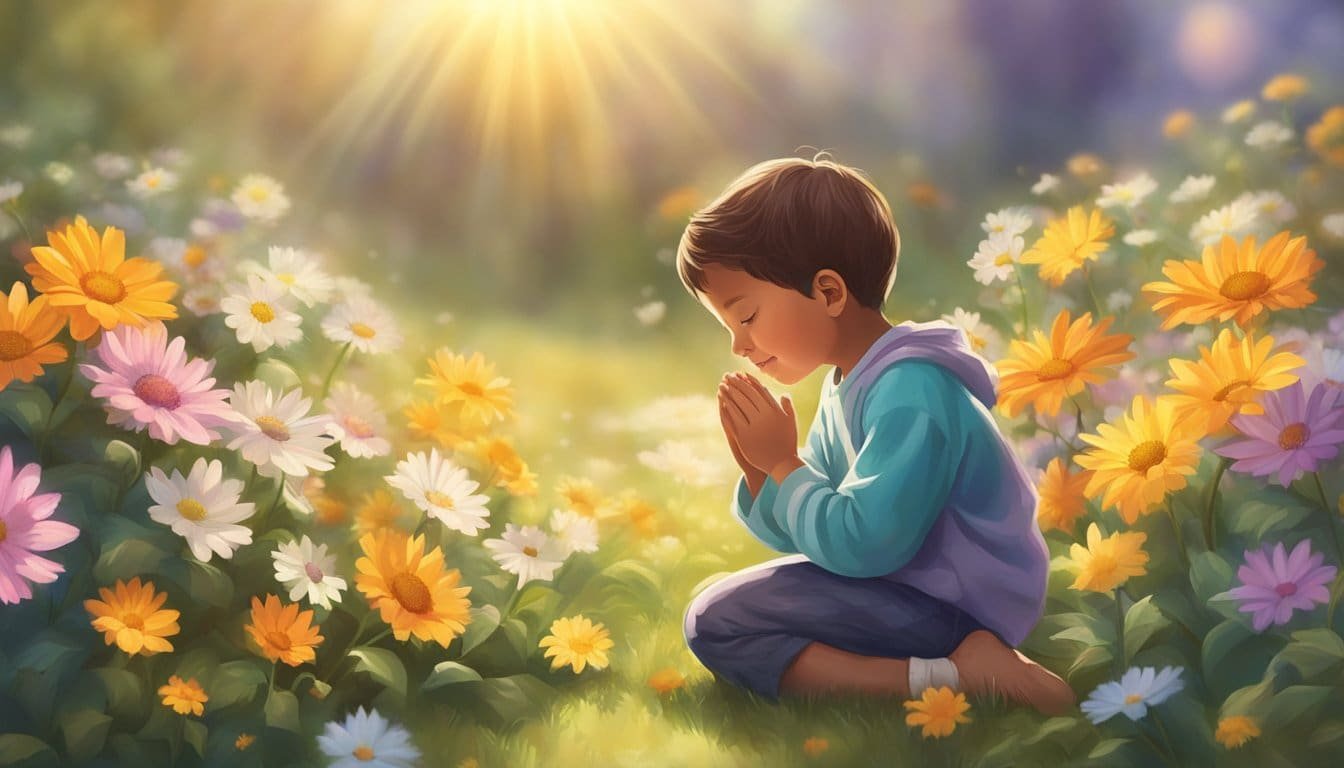 A child kneeling in prayer, surrounded by colorful flowers and a shining sun, with the words "Love the Lord your God with all your heart" written in the sky