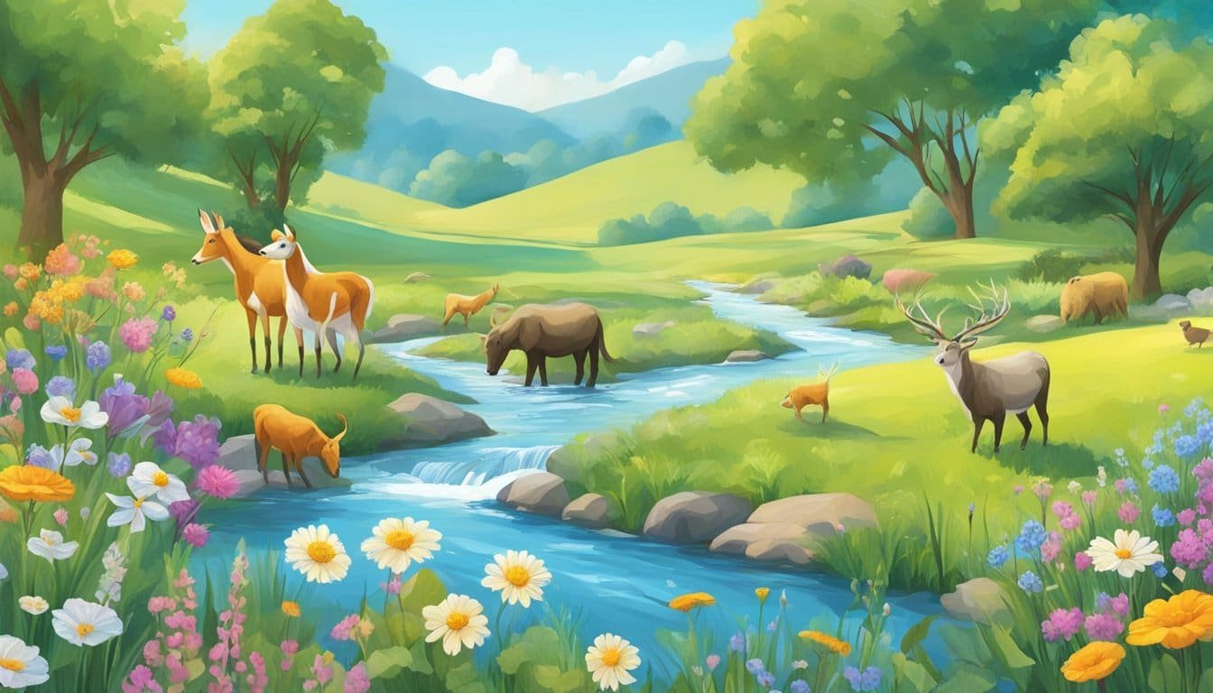 A peaceful meadow with a flowing stream, surrounded by gentle animals and vibrant flowers, under a clear blue sky