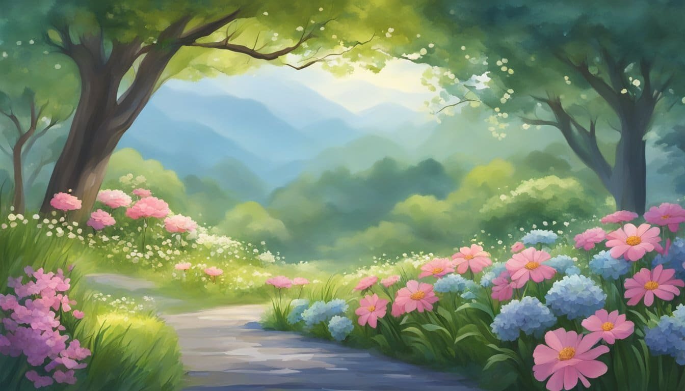A serene garden with blooming flowers and a gentle breeze, symbolizing love and compassion